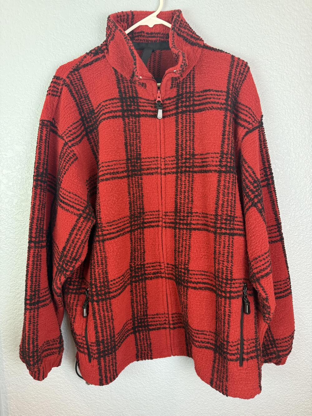 London Fog Jacket Mens XL Red Black Plaid Full Zip Fleece Outdoors Pullover
